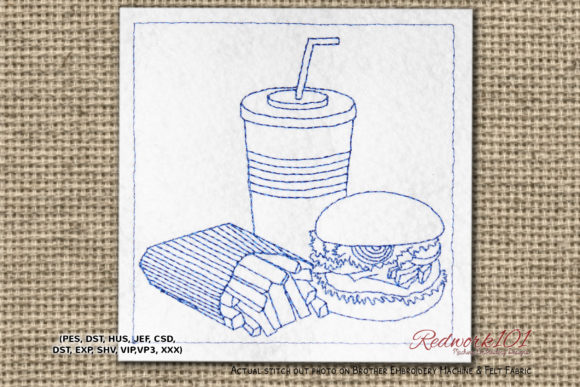 Burger with Fries Redwork: A Classic Food Embroidery Charm